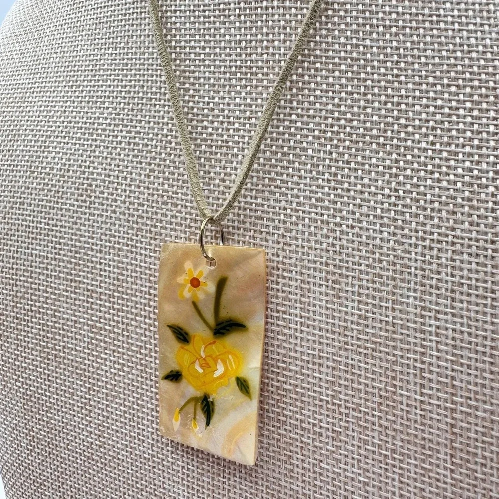 Vintage 90s Mother of Pearl Shell Hand Painted Yellow Rose Pendant Cord Necklace
